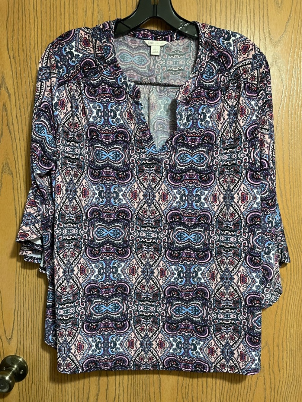 Cato Tunic in Purple with Medallion Print, V-Neck and Bell Sleeves